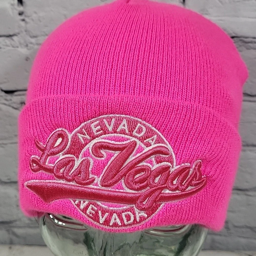 Las Vegas Nevada Beanie Hat‎ Womens Pink High Vis Stretch Warm Winter Ski Cap